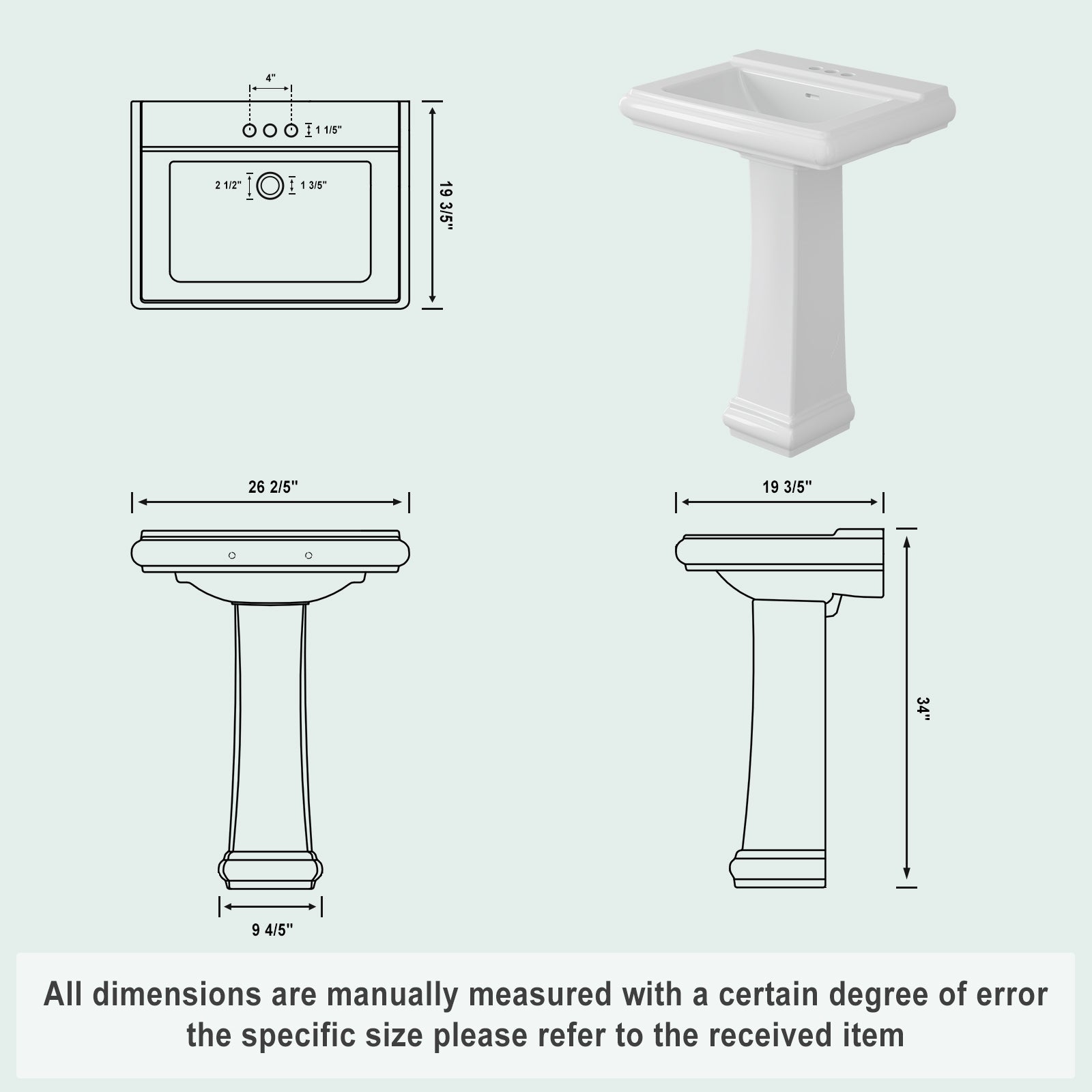 Garvee Modern White Ceramic Pedestal Bathroom Sink + Classic Clean Lines + Geometric Shape + Overflow + 3 Pre-Drilled Holes + Fits 4-Inch Faucets + Home, Hotel, Public Restroom