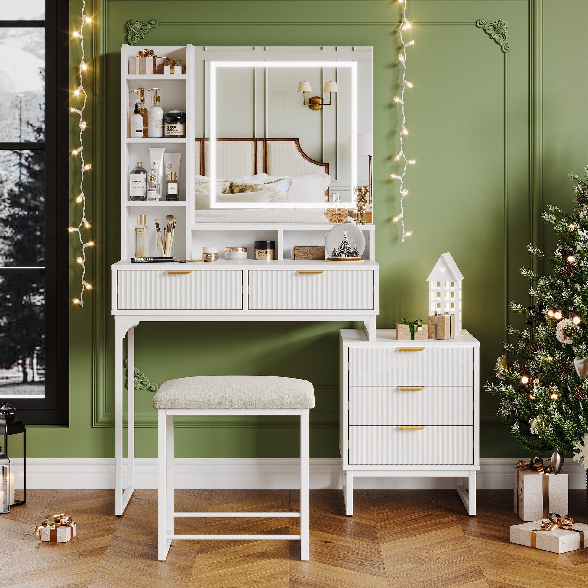 Garvee Chic White Makeup Vanity Desk Set with Mirror and 3-Mode Led Lighting – Features 5 Drawers, – Ideal for Bedroom Decor