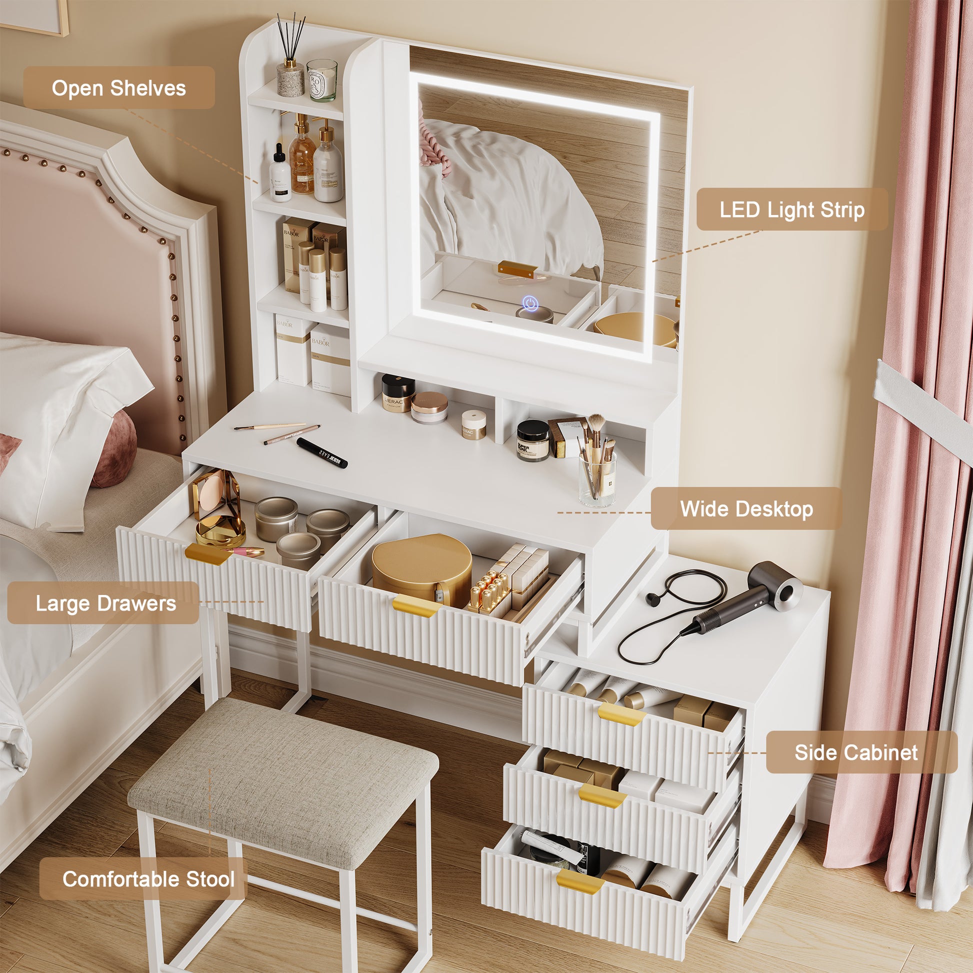 Garvee Chic White Makeup Vanity Desk Set with Mirror and 3-Mode Led Lighting – Features 5 Drawers, – Ideal for Bedroom Decor