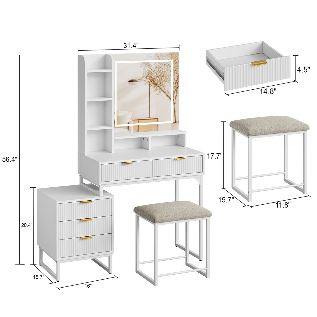 Garvee Chic White Makeup Vanity Desk Set with Mirror and 3-Mode Led Lighting – Features 5 Drawers, – Ideal for Bedroom Decor