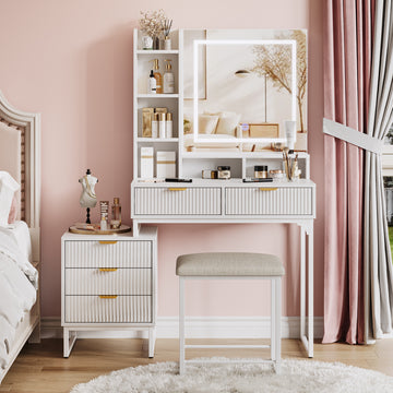 Garvee Chic White Makeup Vanity Desk Set with Mirror and 3-Mode Led Lighting – Features 5 Drawers, – Ideal for Bedroom Decor