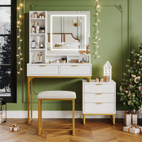 Garvee Vanity Desk with Mirror and Lights, Makeup Vanity Desk with 3 Lighting Modes, Makeup Table with Drawers, Stool and Movable Side Storage Cabinet, for Bedroom