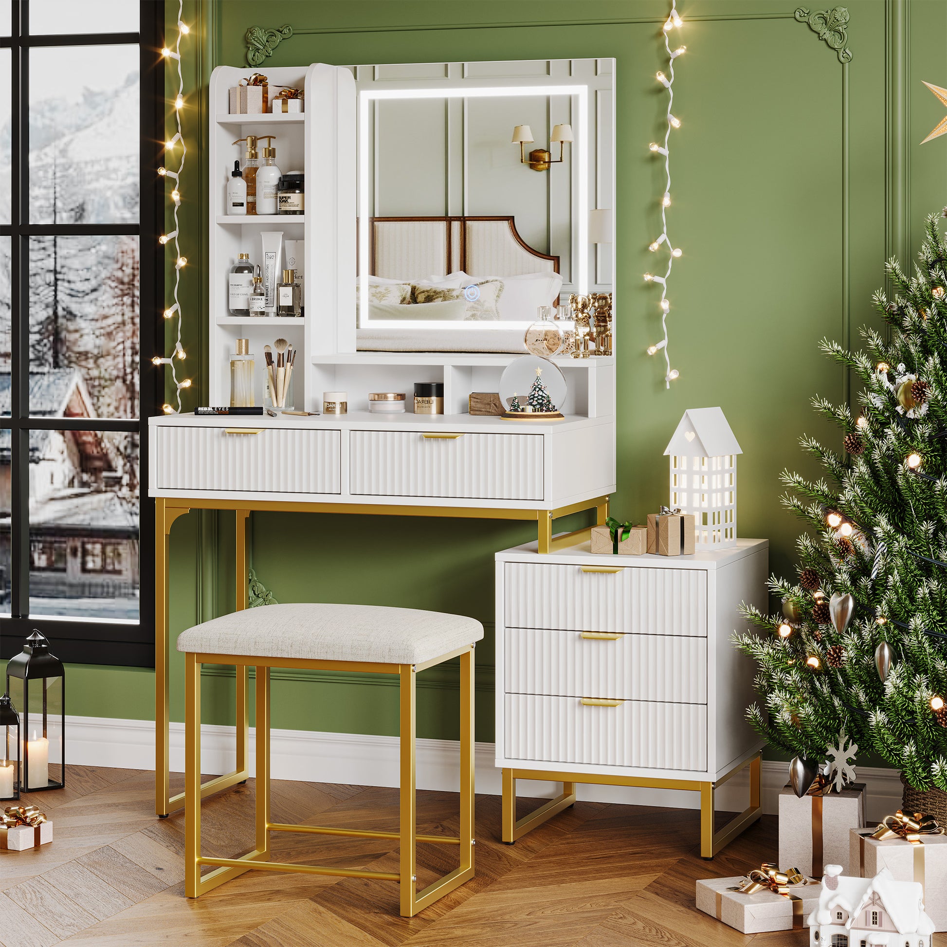 Garvee Vanity Desk with Mirror and Lights, Makeup Vanity Desk with 3 Lighting Modes, Makeup Table with Drawers, Stool and Movable Side Storage Cabinet, for Bedroom