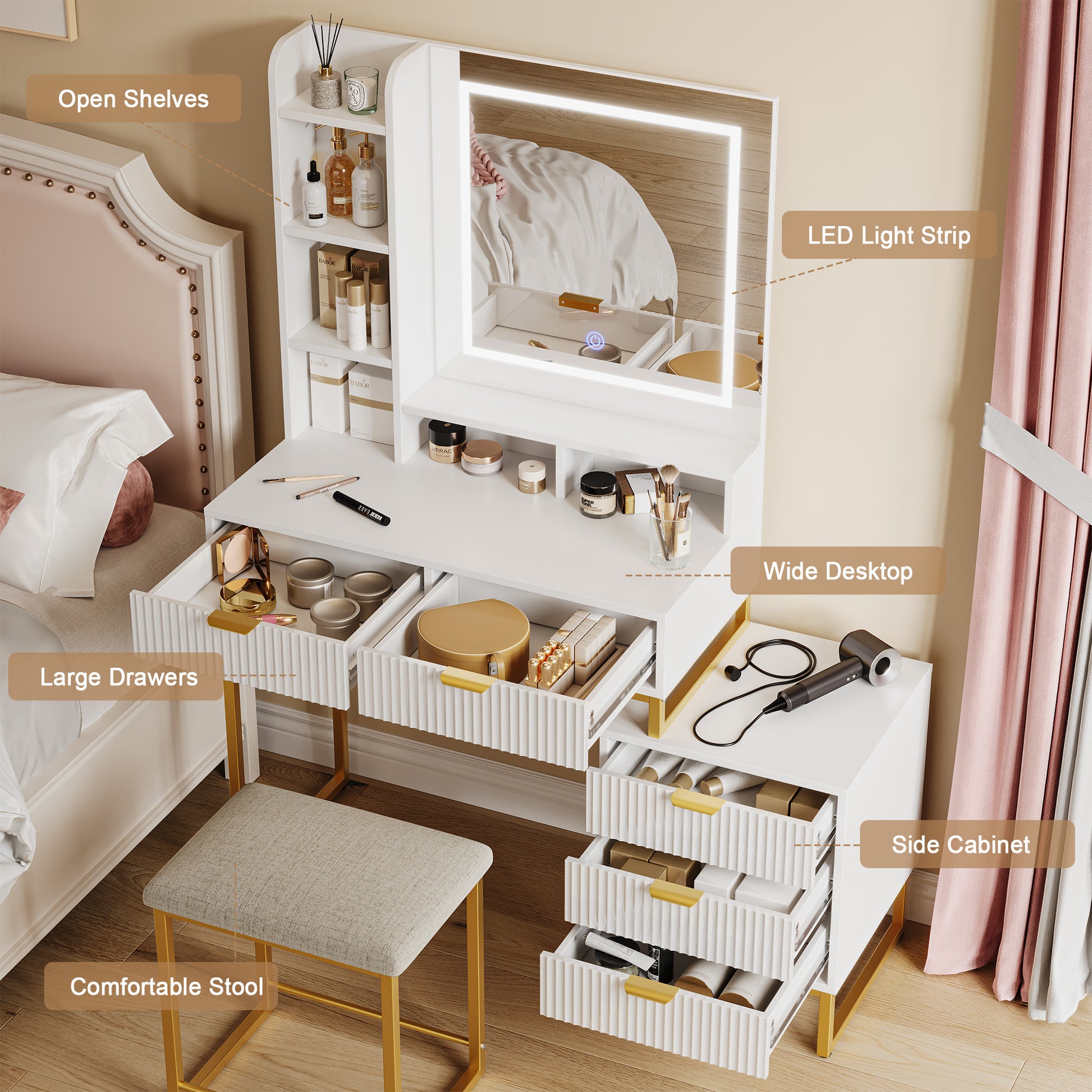 Garvee Vanity Desk with Mirror and Lights, Makeup Vanity Desk with 3 Lighting Modes, Makeup Table with Drawers, Stool and Movable Side Storage Cabinet, for Bedroom
