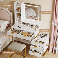 Garvee Vanity Desk with Mirror and Lights, Makeup Vanity Desk with 3 Lighting Modes, Makeup Table with Drawers, Stool and Movable Side Storage Cabinet, for Bedroom