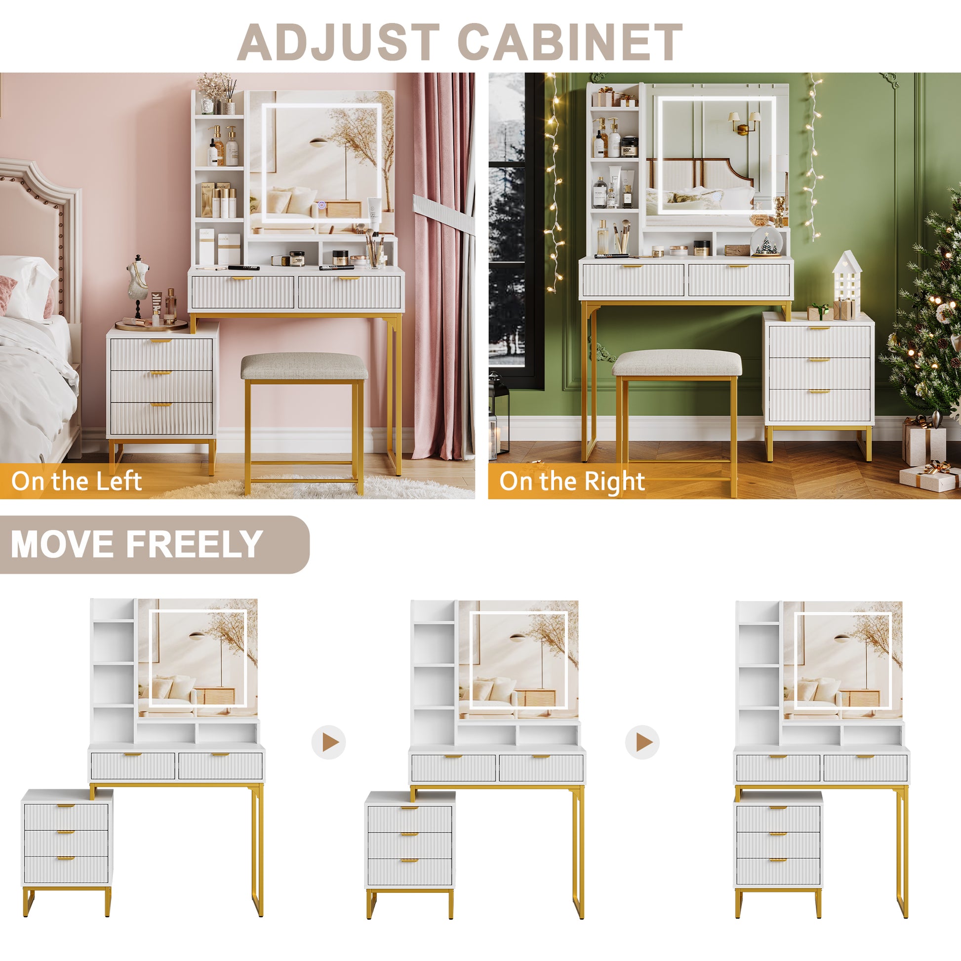 Garvee Vanity Desk with Mirror and Lights, Makeup Vanity Desk with 3 Lighting Modes, Makeup Table with Drawers, Stool and Movable Side Storage Cabinet, for Bedroom