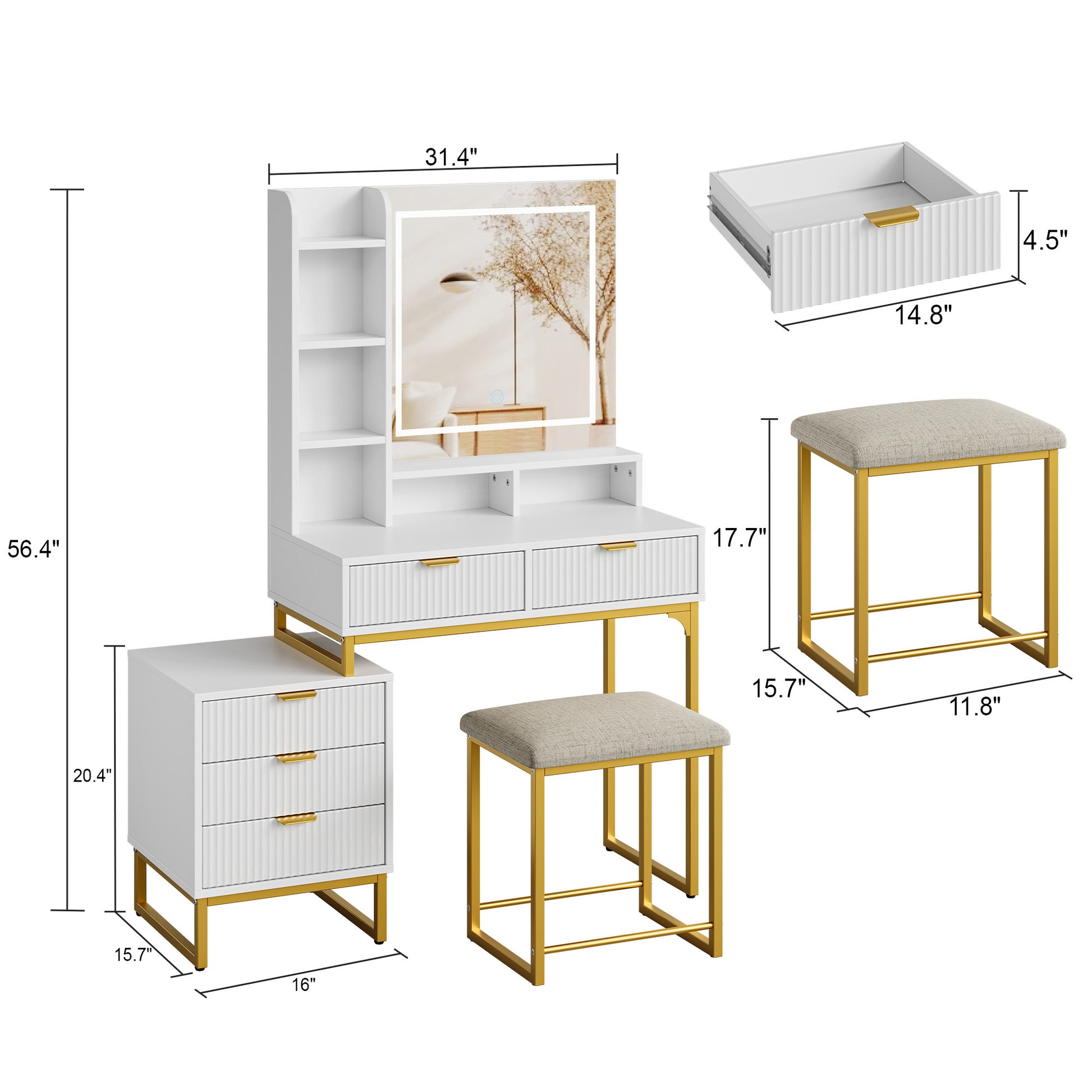 Garvee Vanity Desk with Mirror and Lights, Makeup Vanity Desk with 3 Lighting Modes, Makeup Table with Drawers, Stool and Movable Side Storage Cabinet, for Bedroom