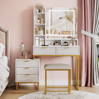 Garvee Vanity Desk with Mirror and Lights, Makeup Vanity Desk with 3 Lighting Modes, Makeup Table with Drawers, Stool and Movable Side Storage Cabinet, for Bedroom