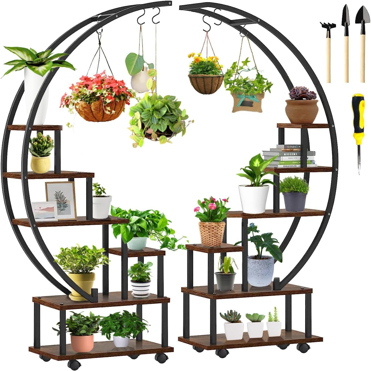 Garvee Plant Shelf with Grow Light & Wheels, Tall Plant Stand Indoor, 6 Tiered Large Metal Shelf Half-Moon Shape, Multi-Purpose Display Rack, Flower Bonsai Pots Organizer for Balcony, Living Room, Brown