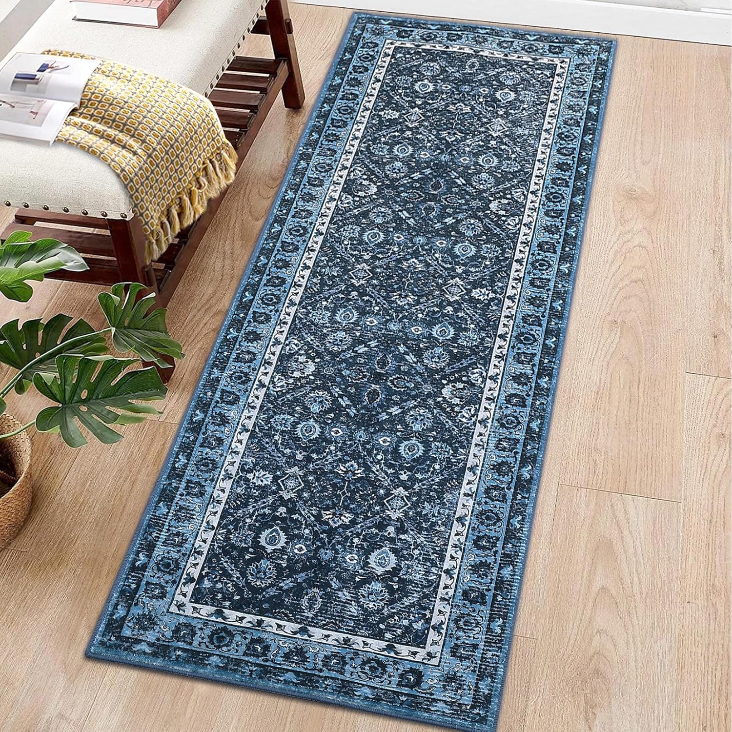 Garvee Washable Runner Rug Blue 2x6 Rug for Hallway Laundry Room Kitchen Entryway Bathroom Non Slip Rug Runners with Rubber Backing,Non Skid Stain-Resistant Non Shedding Runners