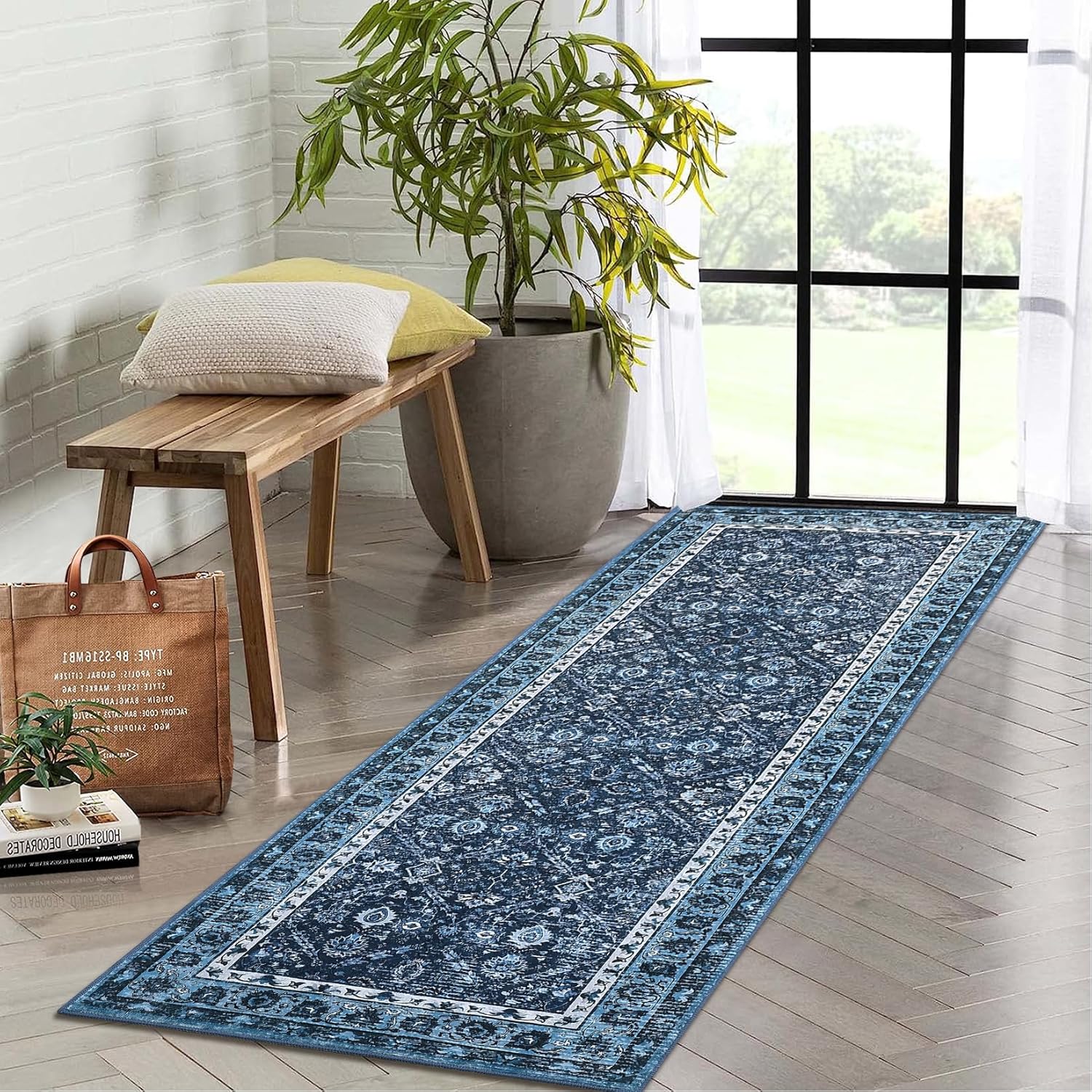 Garvee Washable Runner Rug Blue 2x6 Rug for Hallway Laundry Room Kitchen Entryway Bathroom Non Slip Rug Runners with Rubber Backing,Non Skid Stain-Resistant Non Shedding Runners