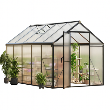 Garvee 6 × 10 ft Walk-In Greenhouse, Polycarbonate Greenhouse with Aluminum Frame, Roof Vent, Gutter System & Lockable Sliding Door for Backyard Garden