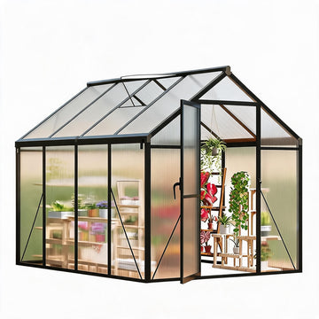 Garvee 6' × 8' Polycarbonate Greenhouse, Walk-In Garden Greenhouse with Aluminum Frame, Roof Vent, Lockable Door & Rain Gutters