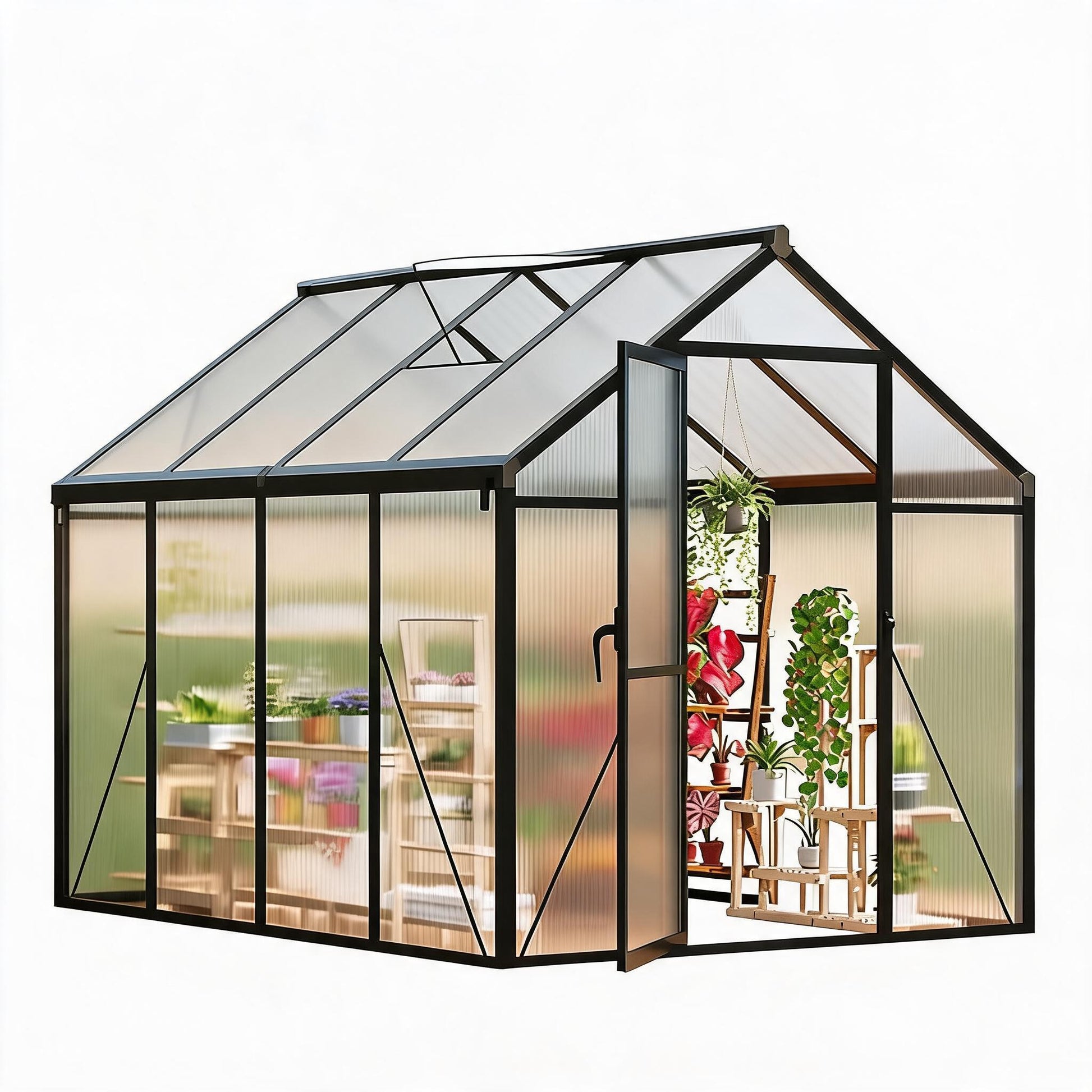 Garvee 6' × 8' Polycarbonate Greenhouse, Walk-In Garden Greenhouse with Aluminum Frame, Roof Vent, Lockable Door & Rain Gutters