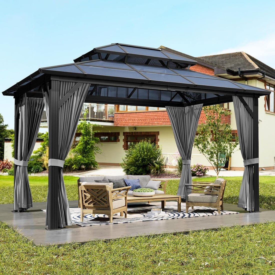 Garvee 10'x13' Hardtop Gazebo Polycarbonate Double Roof Aluminum Frame with Curtains & Netting for Garden Patio Lawns