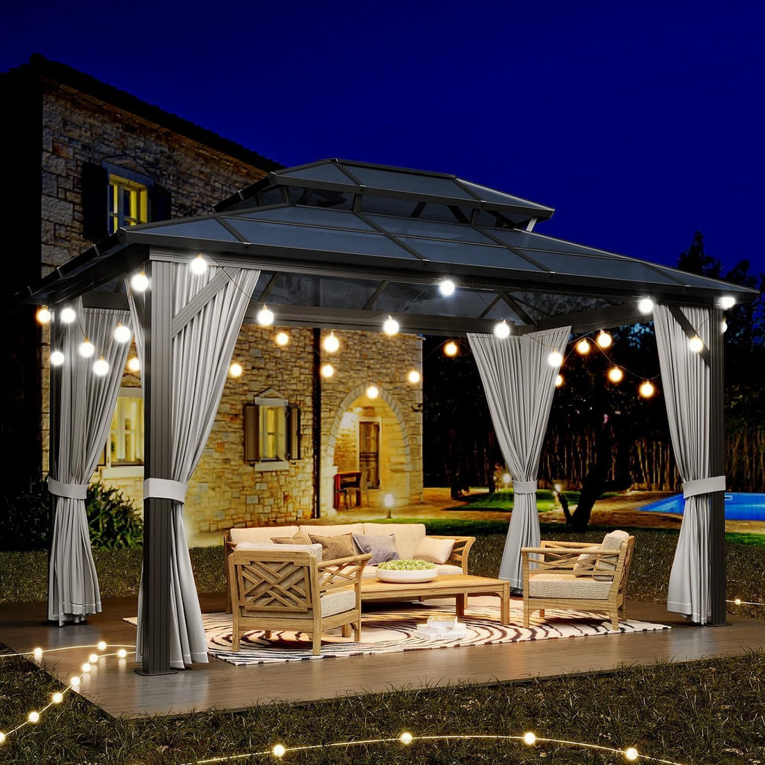 Garvee 10'x13' Hardtop Gazebo Polycarbonate Double Roof Aluminum Frame with Curtains & Netting for Garden Patio Lawns