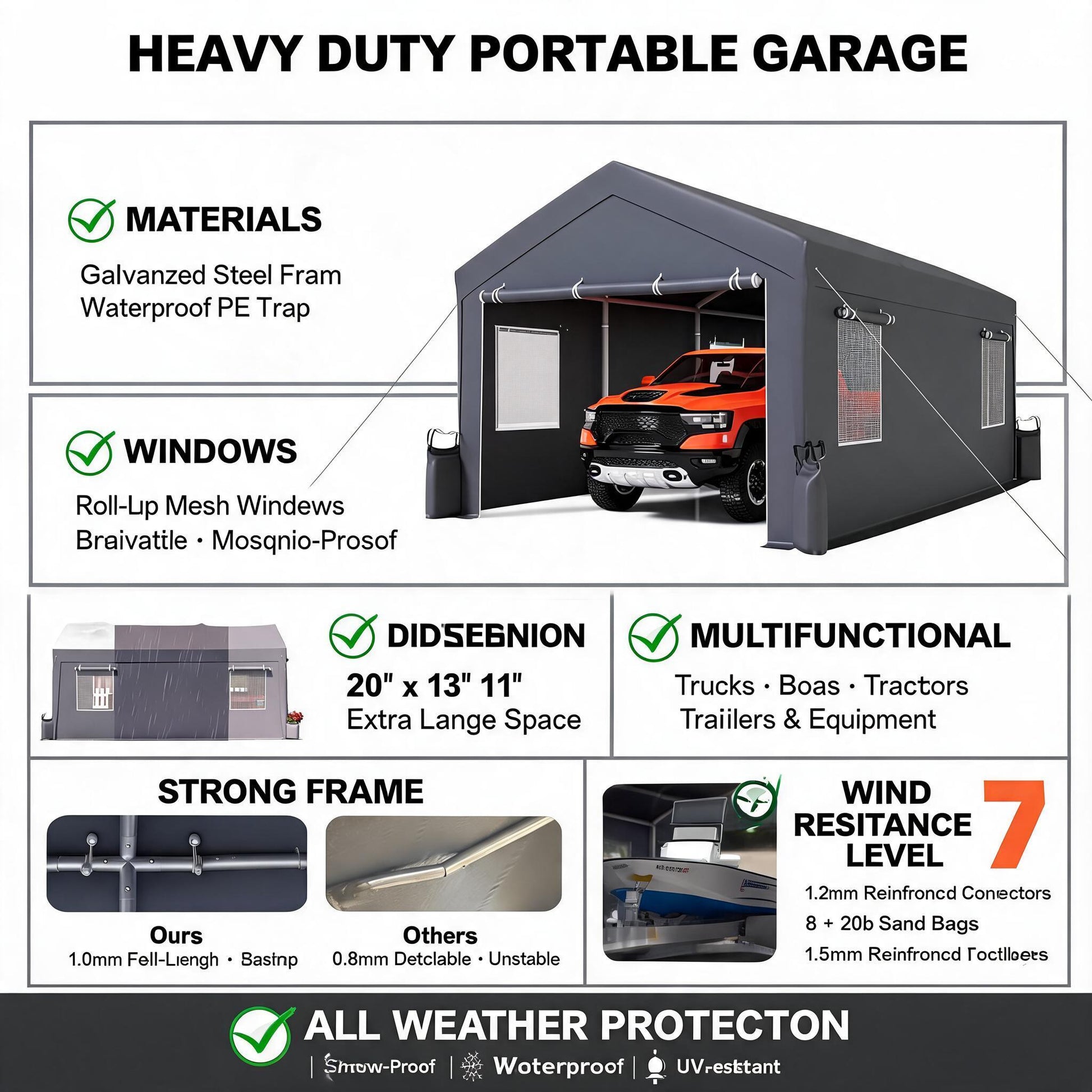 Garvee 13' x 20' Heavy-Duty Portable Carport Canopy, Waterproof UV-Resistant 200g PE Garage Shelter with Roll-Up Doors & Windows, Gray