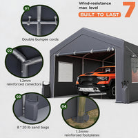 Garvee 13' x 20' Heavy-Duty Portable Carport Canopy, Waterproof UV-Resistant 200g PE Garage Shelter with Roll-Up Doors & Windows, Gray
