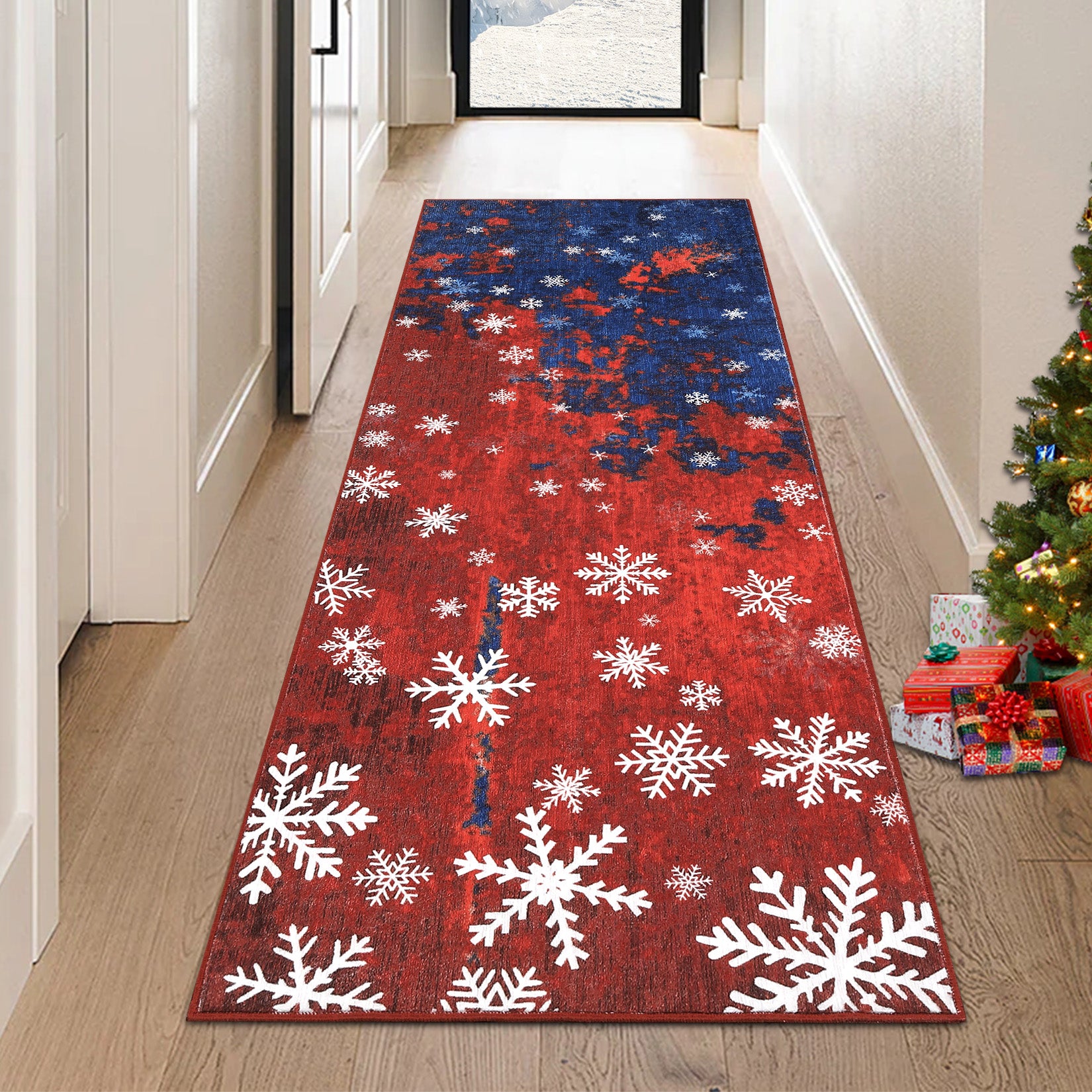 Garvee Christmas Runner Rug 2x8 Hallway Rug Snowflake Xmas Runner Kitchen Rug Washable Rug Non Slip Bathroom Rug Holiday Decor Distressed Modern Soft Carpet for Bedroom Laundry 2'x8' Red&Blue