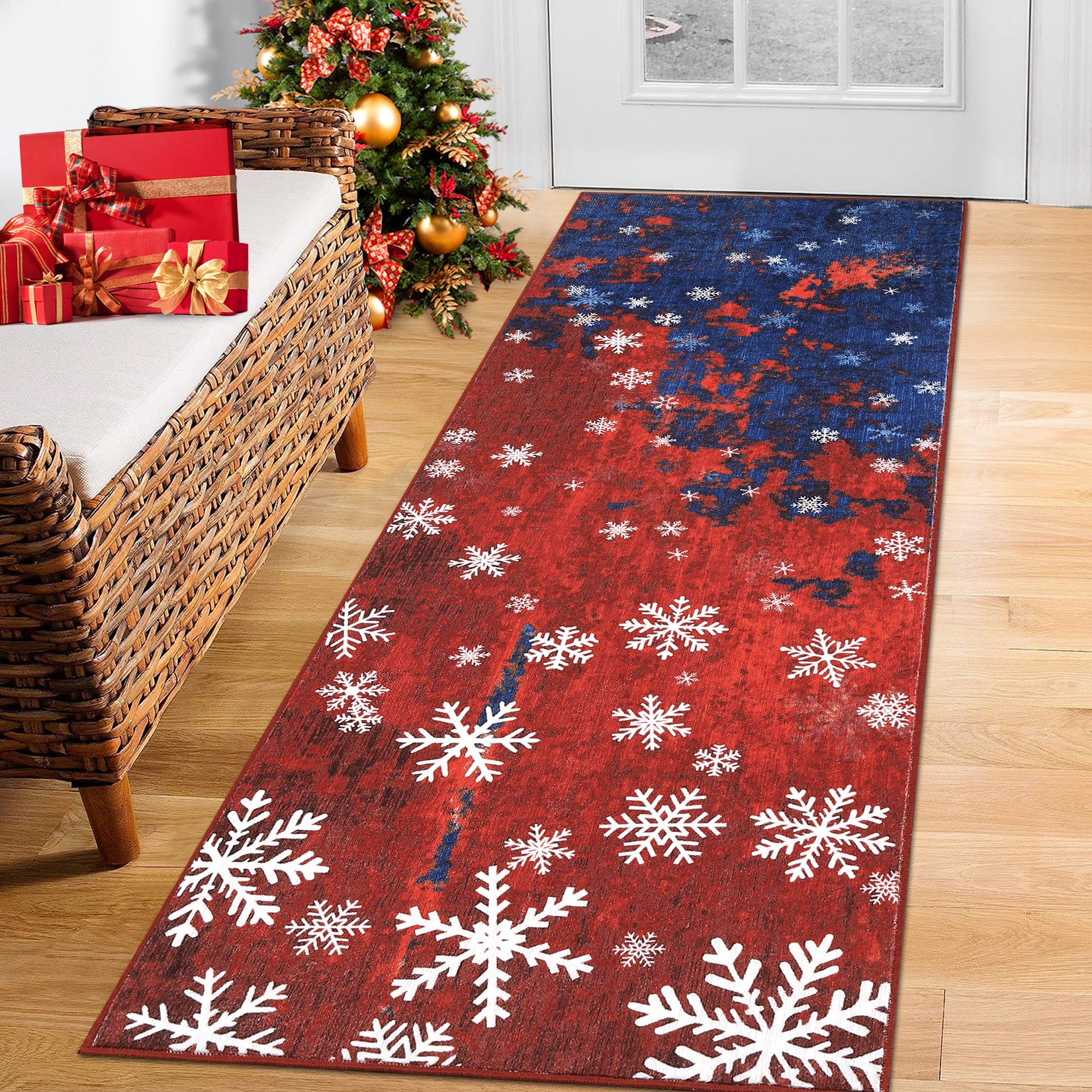 Garvee Christmas Runner Rug 2x8 Hallway Rug Snowflake Xmas Runner Kitchen Rug Washable Rug Non Slip Bathroom Rug Holiday Decor Distressed Modern Soft Carpet for Bedroom Laundry 2'x8' Red&Blue