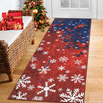 Garvee Christmas Runner Rug 2x6 Hallway Rug Snowflake Xmas Runner Kitchen Rug Washable Rug Non Slip Bath Mat Holiday Decor Distressed Modern Abstract Soft Carpet for Bedroom Laundry 2'x6' Red&Blue