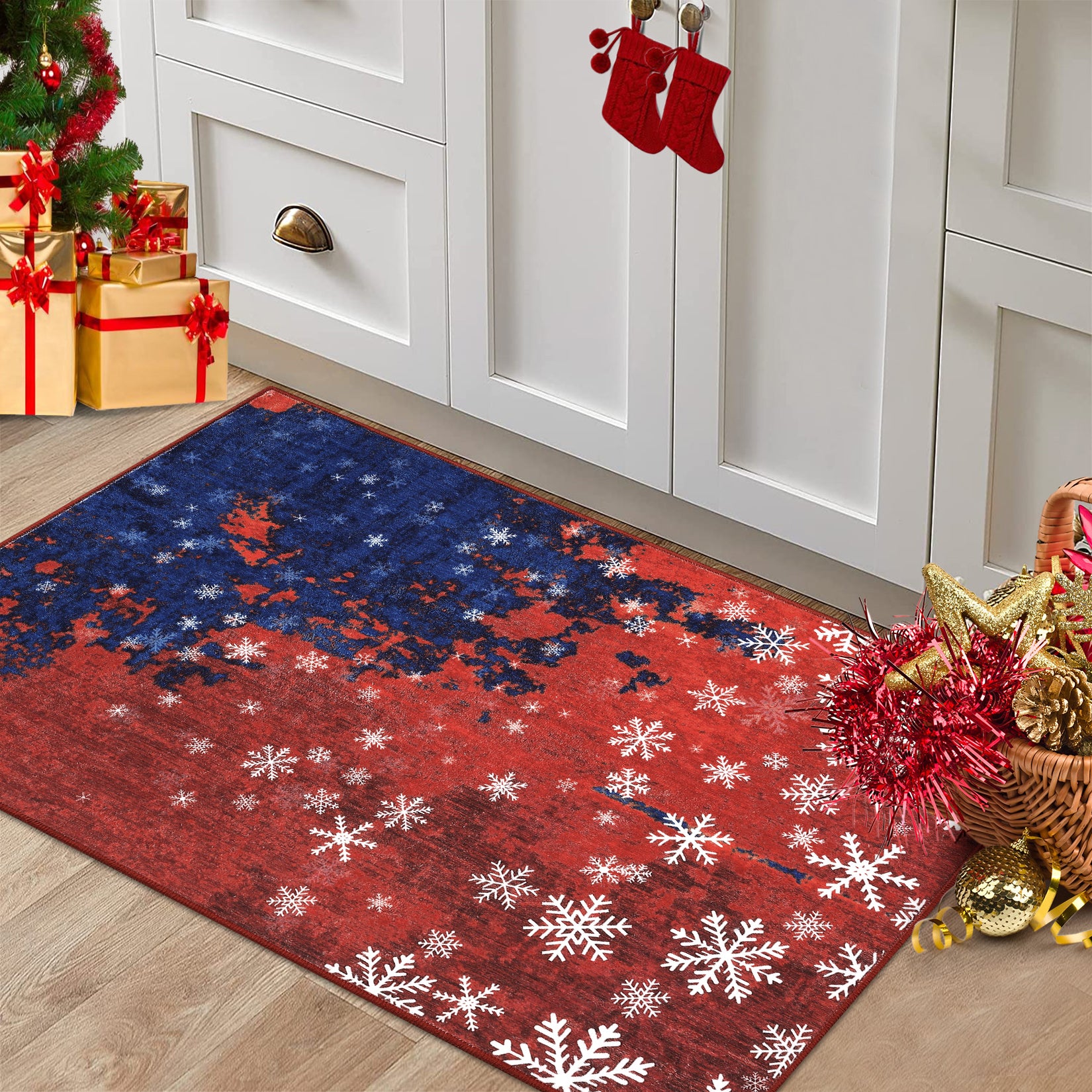 Garvee Christmas Door Mat 2x3 Mat Xmas Bath Mat Non-Slip Kithcen Rug Washable Entryway Rug Small Abstract Carpet Winter Doormat Rubber Back Snowflake Doormats for Indoor Outdoor 2'x3' Red&Blue
