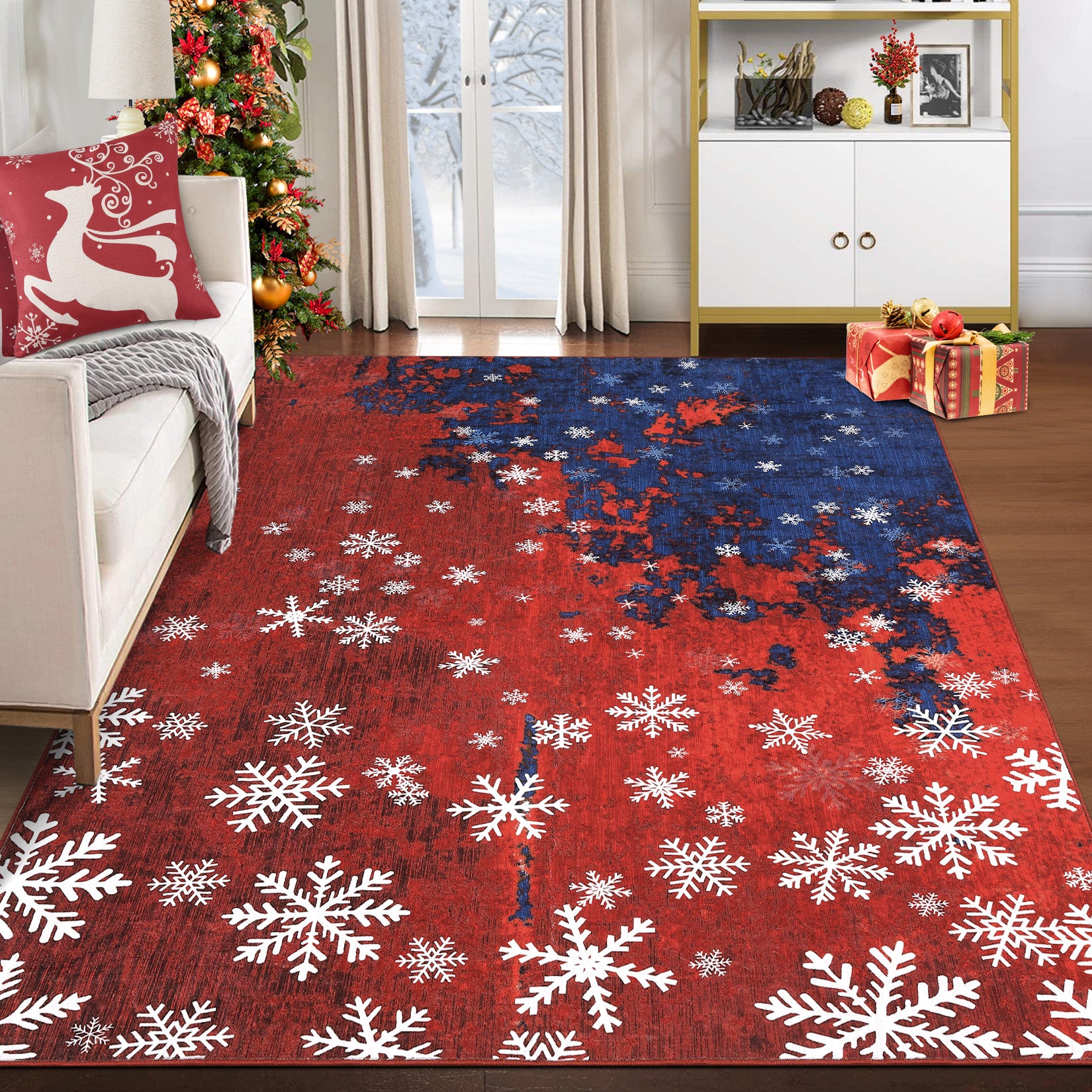 Garvee Washable Rug 8x10 Area Rug for Bedroom Modern Christmas Rug Snowflake Living Room Rug Non Slip Carpet Soft Stain Resistant Large Area Rug for Holiday Dining Room Classroom 8'x10' Red&Blue