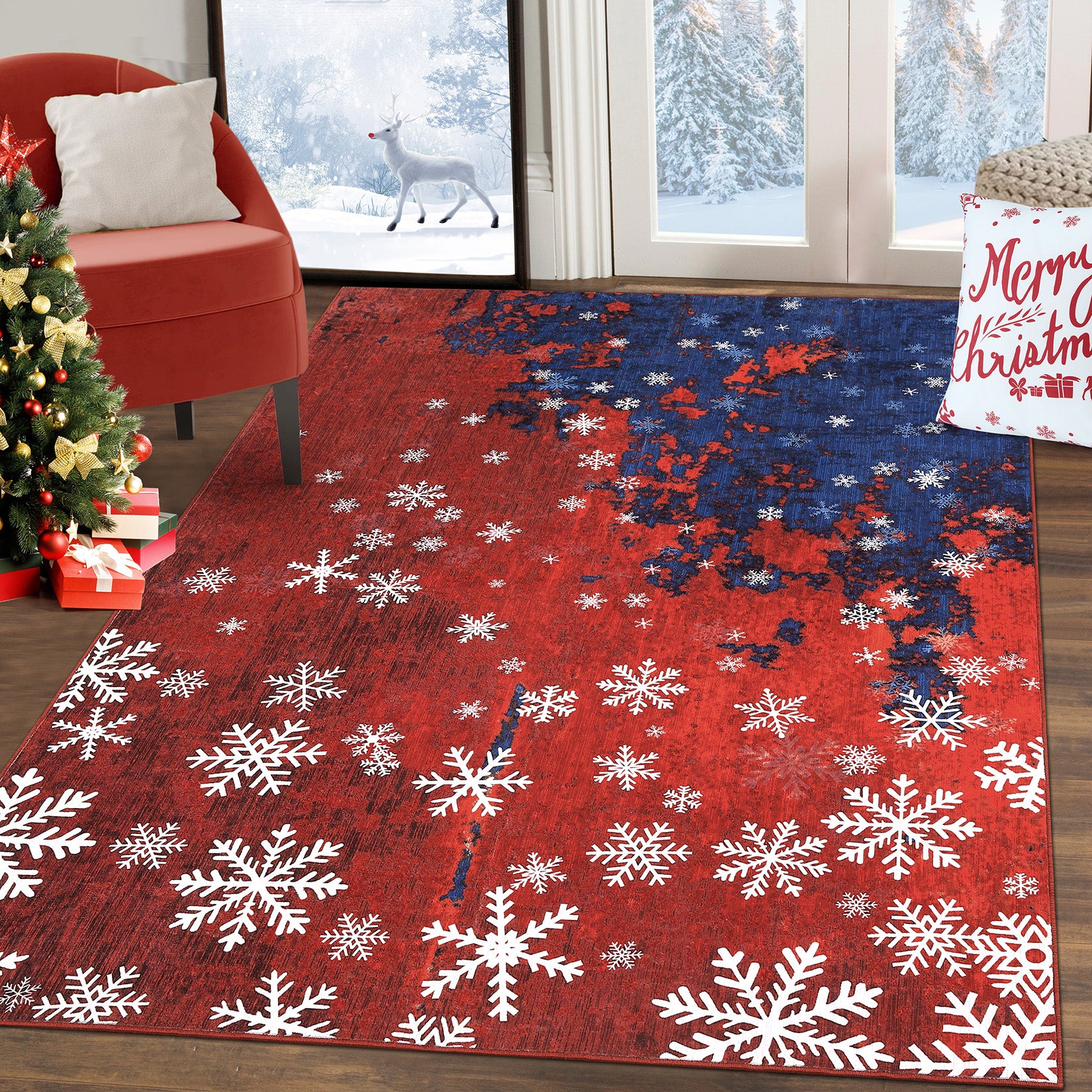 Garvee Christmas Area Rug 5x7 Rug for Living Room Rug Xmas Snowflake Modern Rug for Bedroom Aesthetic Washable Rug Non Slip Carpet Stain Resistant Carpet for Nursery Dining Room 5'x7' Red&Blue
