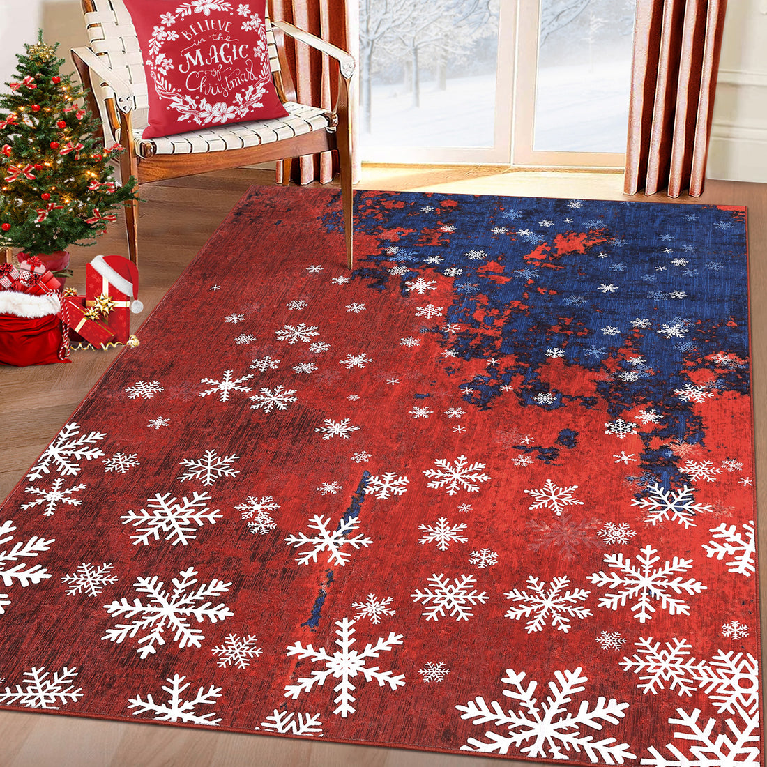 Garvee Christmas Area Rug 5x7 Rug for Living Room Rug Xmas Snowflake Modern Rug for Bedroom Aesthetic Washable Rug Non Slip Carpet Stain Resistant Carpet for Nursery Dining Room 5'x7' Red&Blue