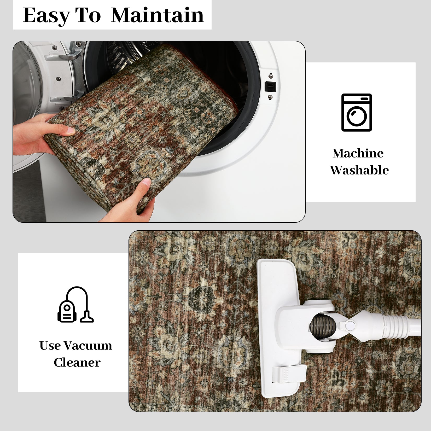 Garvee Hallway Rugs, Machine Washable Traditional Rug, Non Slip Floor Carpet, Low Pile Soft Printed Vintage Rug for Home Decor Entryway Bed Room Laundry Room Indoor