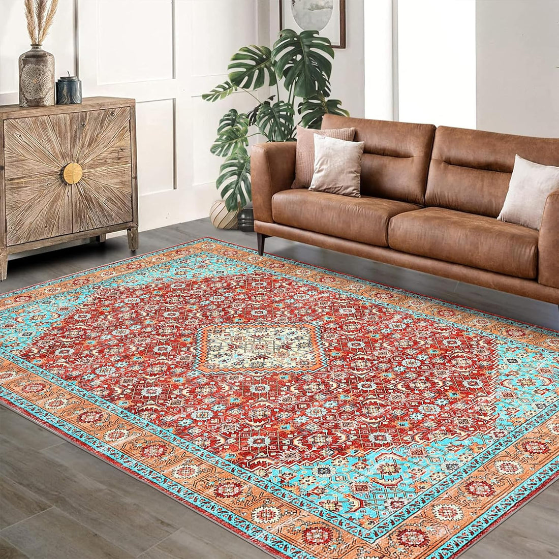 Garvee 6*9ft Persia Style Area Rug Red-Green,Machine Washable Stain-Resistant Area Rug with Non-Slip Backing Low for Living Room, Bedroom, and Dining Room