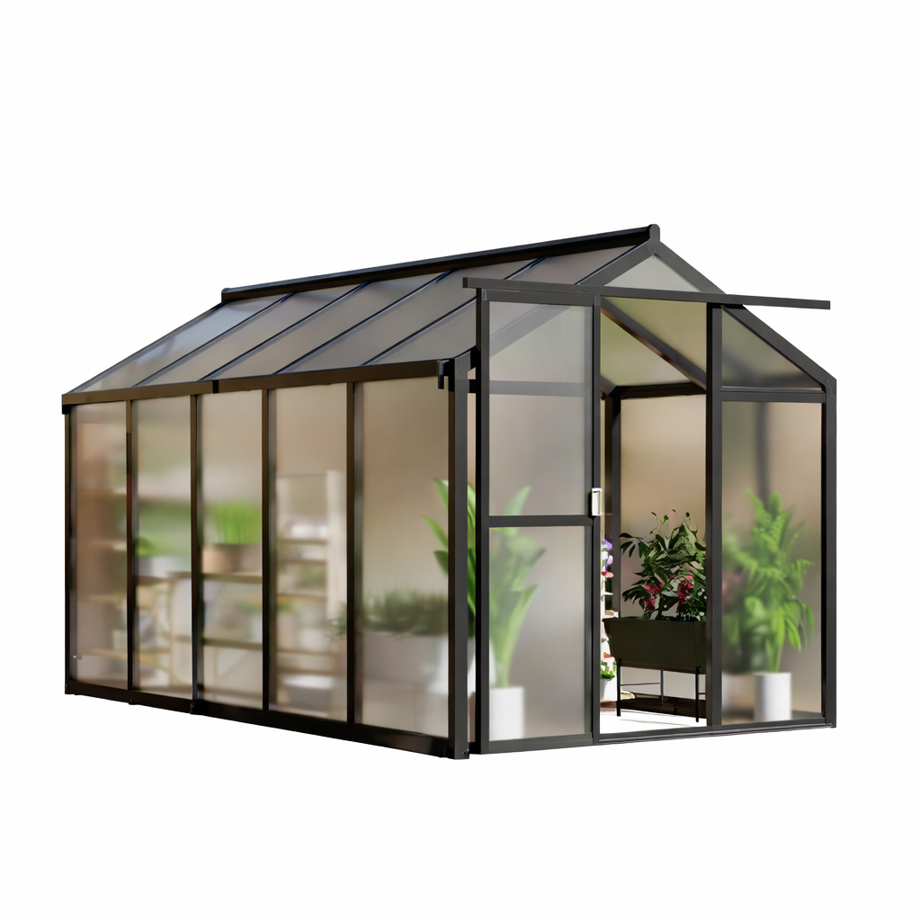Garvee Outdoor Polycarbonate Greenhouse with Roof Vent & Sliding Lockable Door, Aluminum Frame, Water Gutter Drainage, Black, 6x10FT, Garden Patio Lawn