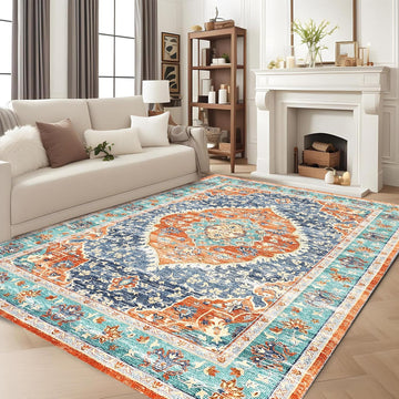 Garvee Red & Blue 9x12 Area Rug - Stain Resistant Washable Rug, Non-Slip Backing, Low Profile, for Living Room, Bedroom, and Dining Room