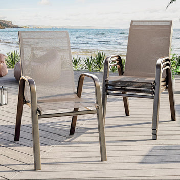 Garvee Patio Stackable Chairs Set of 4 - Outdoor Metal Frame Dining Chairs with Breathable Textilene Fabric for Patio, Deck, Backyard, Brown