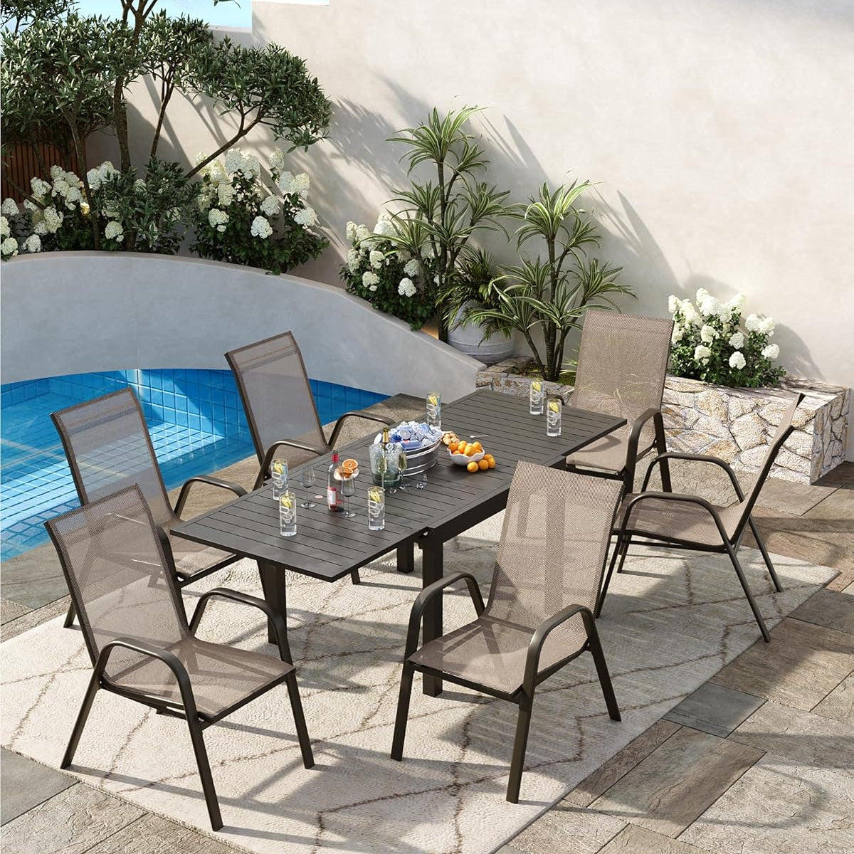 Garvee Patio Stackable Chairs Set of 4 - Outdoor Metal Frame Dining Chairs with Breathable Textilene Fabric for Patio, Deck, Backyard, Brown