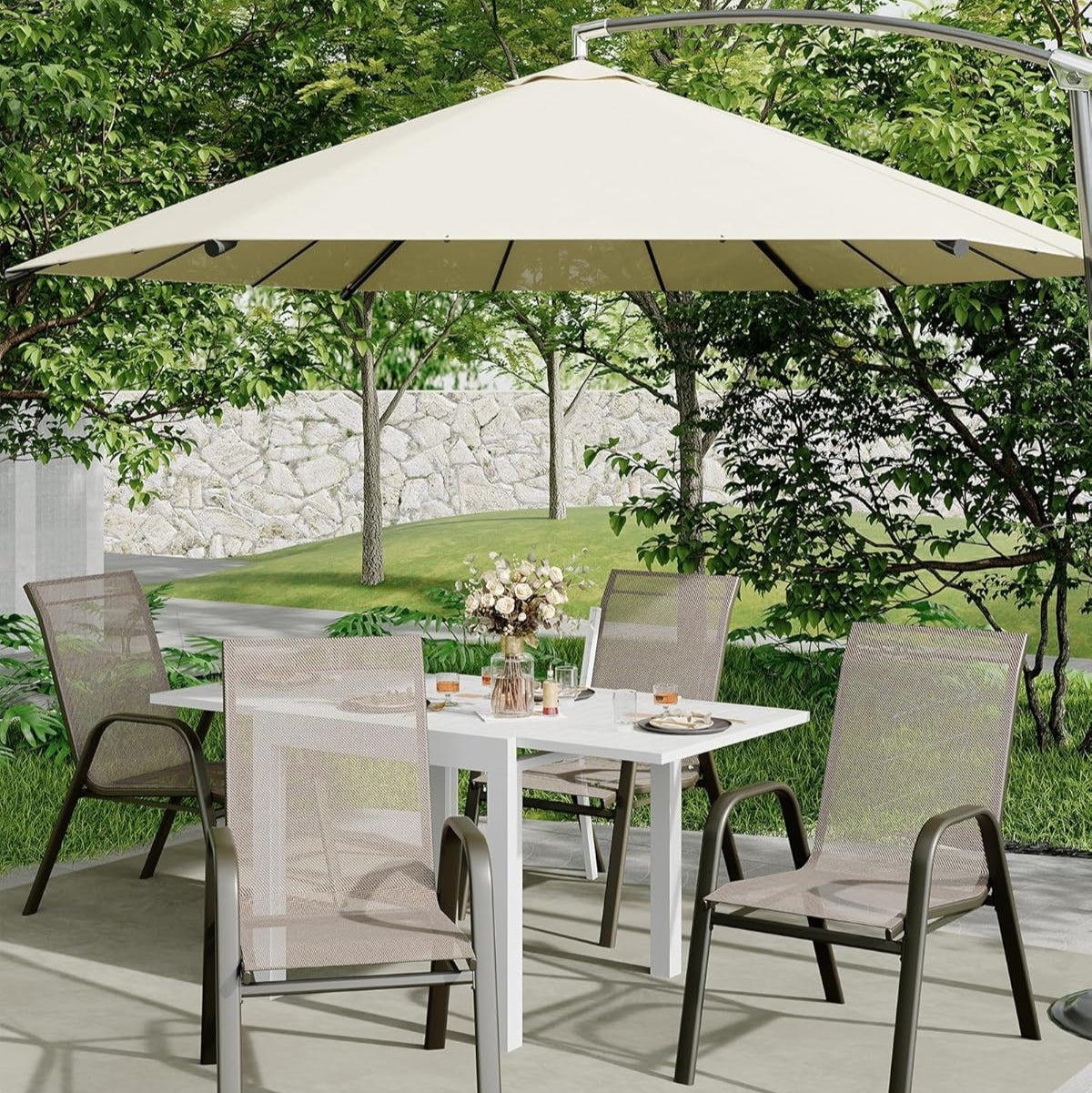 Garvee Patio Stackable Chairs Set of 4 - Outdoor Metal Frame Dining Chairs with Breathable Textilene Fabric for Patio, Deck, Backyard, Brown