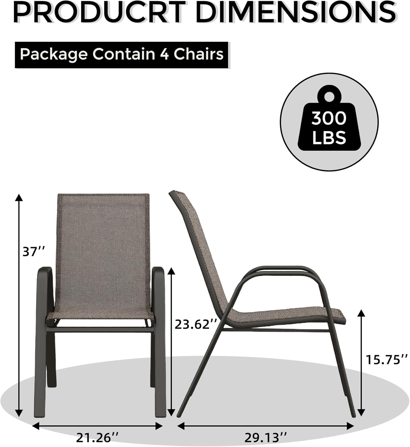 Garvee Patio Stackable Chairs Set of 4 - Outdoor Metal Frame Dining Chairs with Breathable Textilene Fabric for Patio, Deck, Backyard, Brown