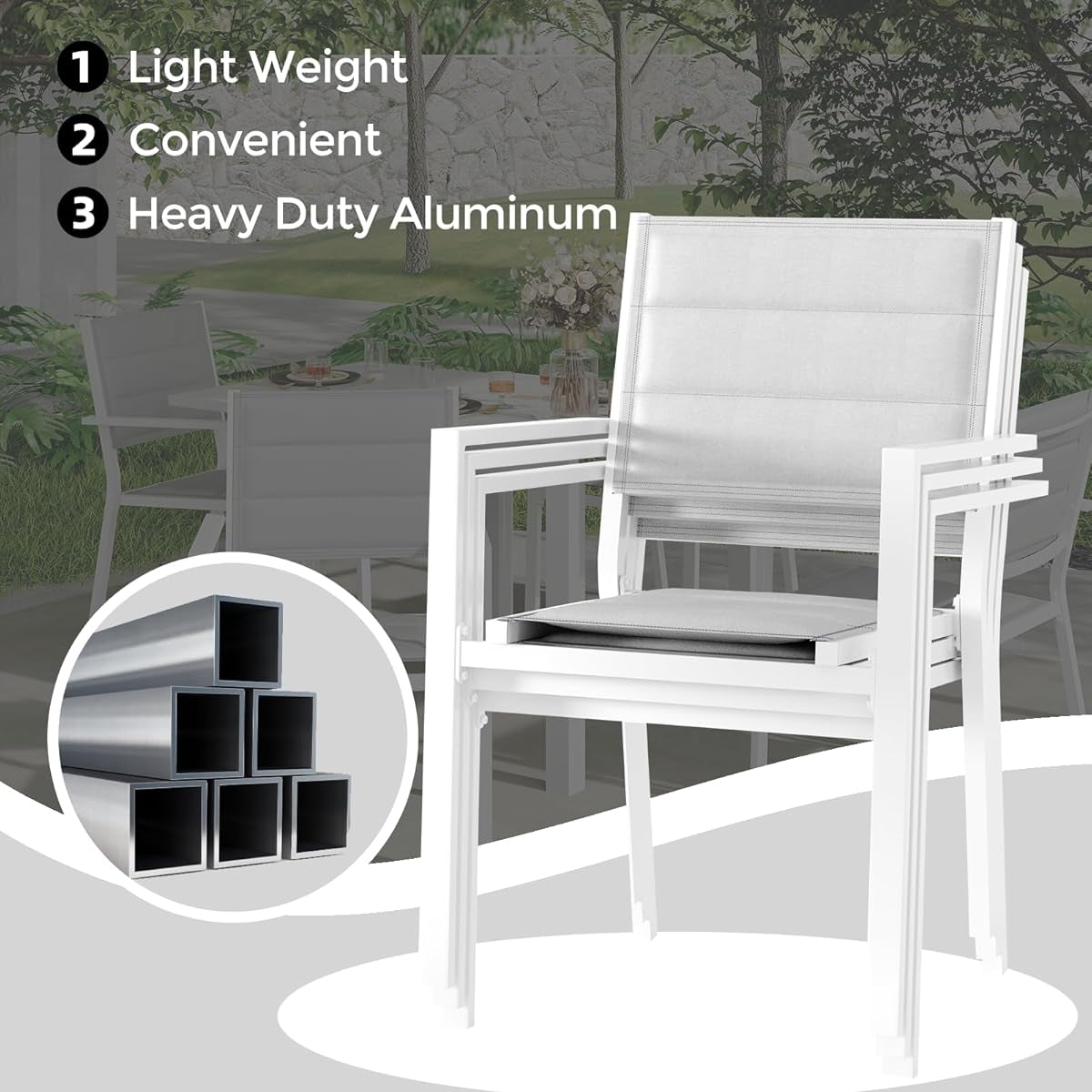 Garvee Patio Stackable Chairs Set of 2, Outdoor Aluminum Stacking Dining Chairs with Textilene Fabric for Outdoor, Patio, Deck, Backyard,White