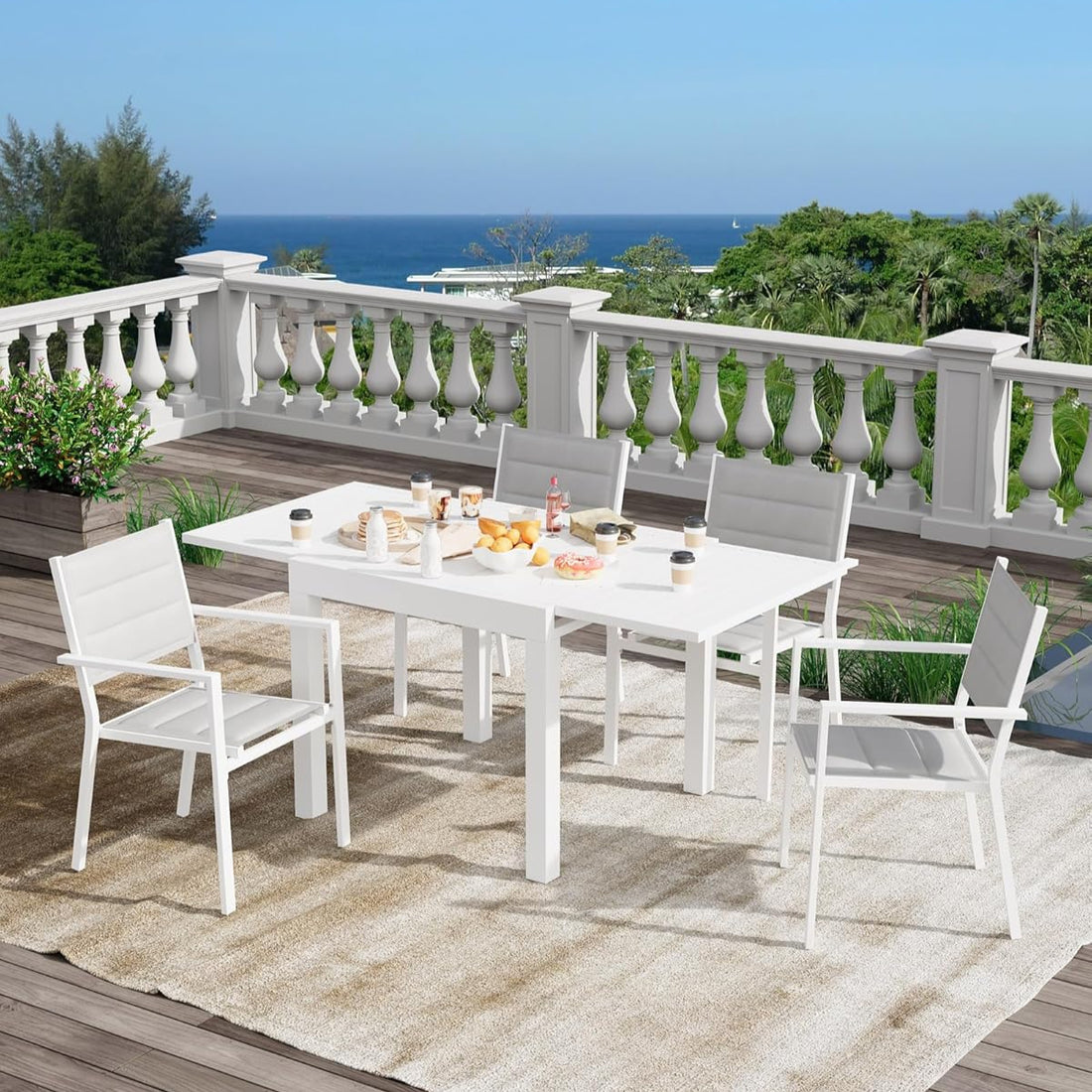 Garvee Expandable Patio Table, Extendable Outdoor Dining Table Set for 4-6 Persons, Aluminum Slat Frame Perfect for Backyard, Deck, Porch, White