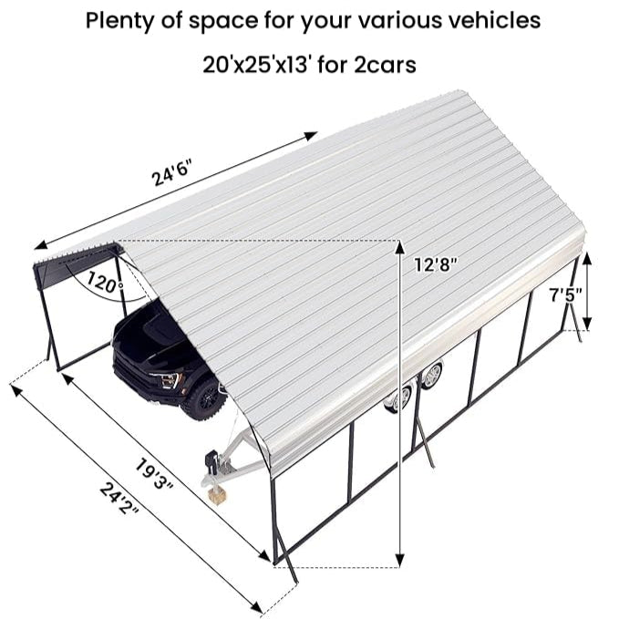 Garvee 20'x25'x13' Heavy-Duty Metal Carport, Extra Tall 2-Car Shelter with Reinforced Steel Frame, All-Weather Protection for Trucks, Boats & RVs