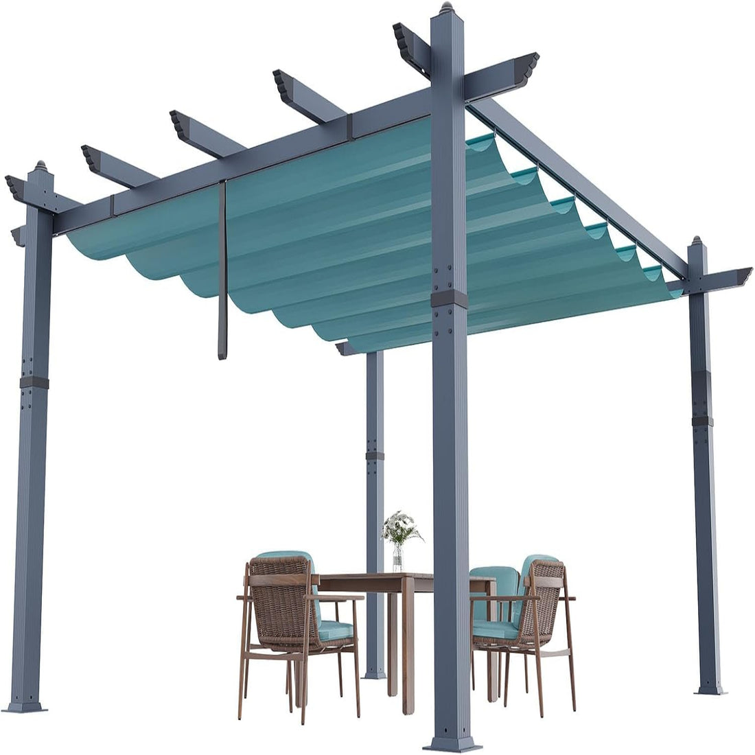 Garvee 10x13 FT Outdoor Pergola for Patio – Wood-Grain Aluminum with Retractable Waterproof Canopy, 4-Side Stability Base for Deck & Backyard