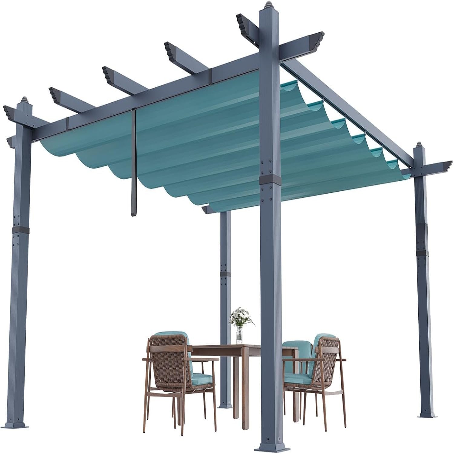 Garvee 10x13 FT Outdoor Pergola for Patio – Wood-Grain Aluminum with Retractable Waterproof Canopy, 4-Side Stability Base for Deck & Backyard