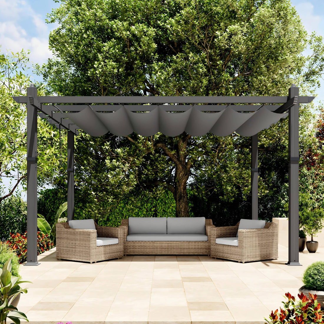 Garvee 10x13 Ft Pergola, Outdoor Metal Pergola with Retractable Canopy, Upgraded Wood-Grain Aluminum Pergola, Modern Pavilion for Backyard, Patio, Porch, Grape Trellis, Gray