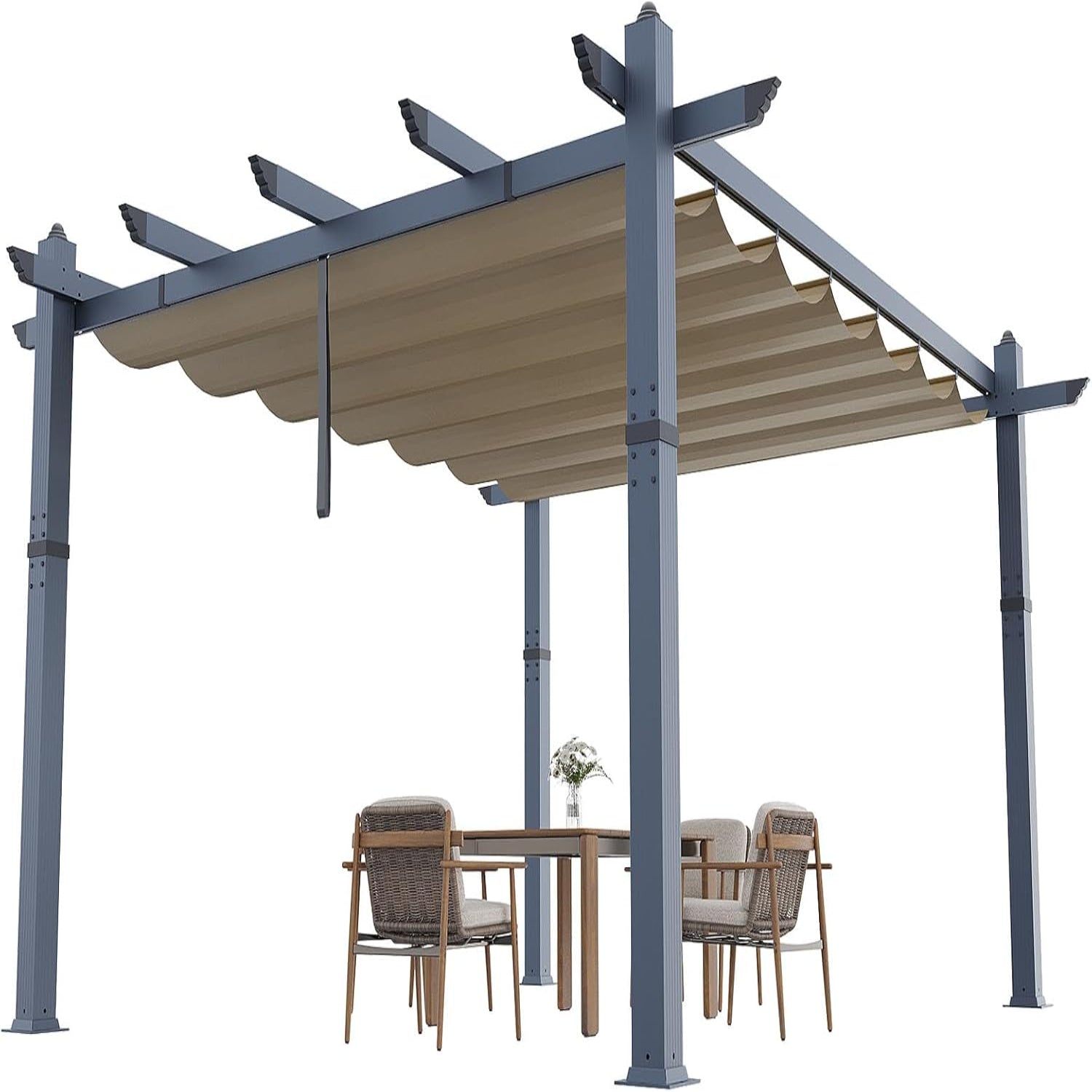 Garvee 10x13 ft Aluminum Pergola with Retractable Canopy – UV & Waterproof, Rust-Resistant Metal Gazebo, 4-Side Anchored, Khaki for Backyard/Deck