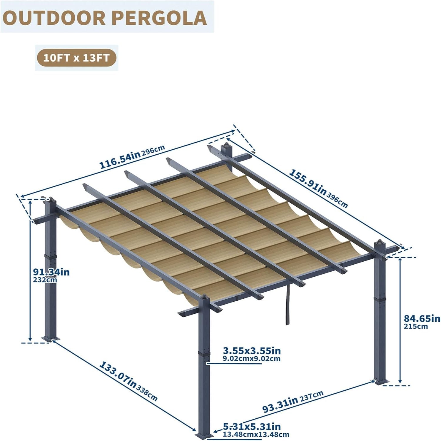Garvee 10x13 ft Aluminum Pergola with Retractable Canopy – UV & Waterproof, Rust-Resistant Metal Gazebo, 4-Side Anchored, Khaki for Backyard/Deck