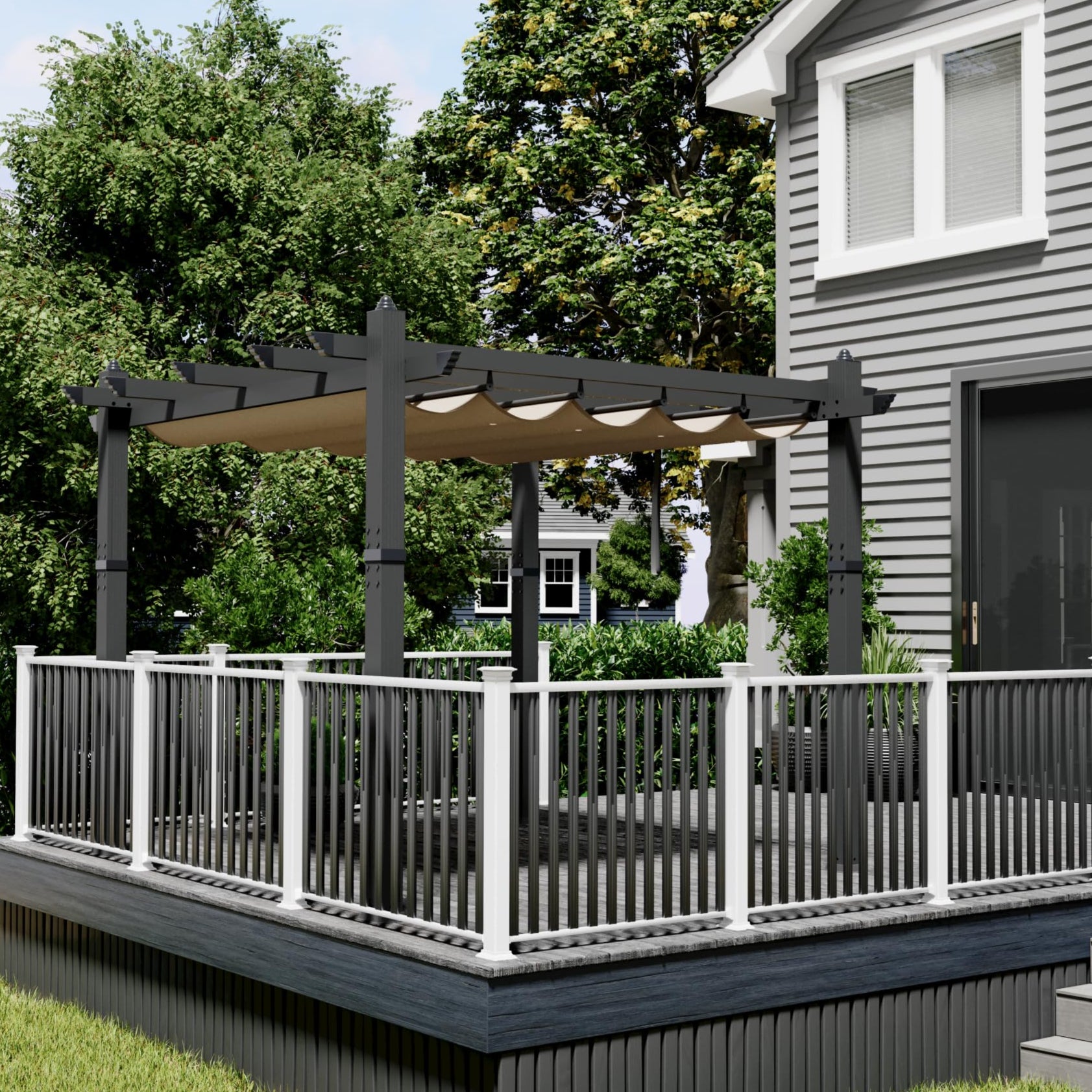 Garvee 10x10 Ft Pergola, Outdoor Metal Pergola with Retractable Canopy, Upgraded Wood-Grain Aluminum Pergola, Modern Pavilion for Backyard, Patio, Porch, Grape Trellis, Khaki