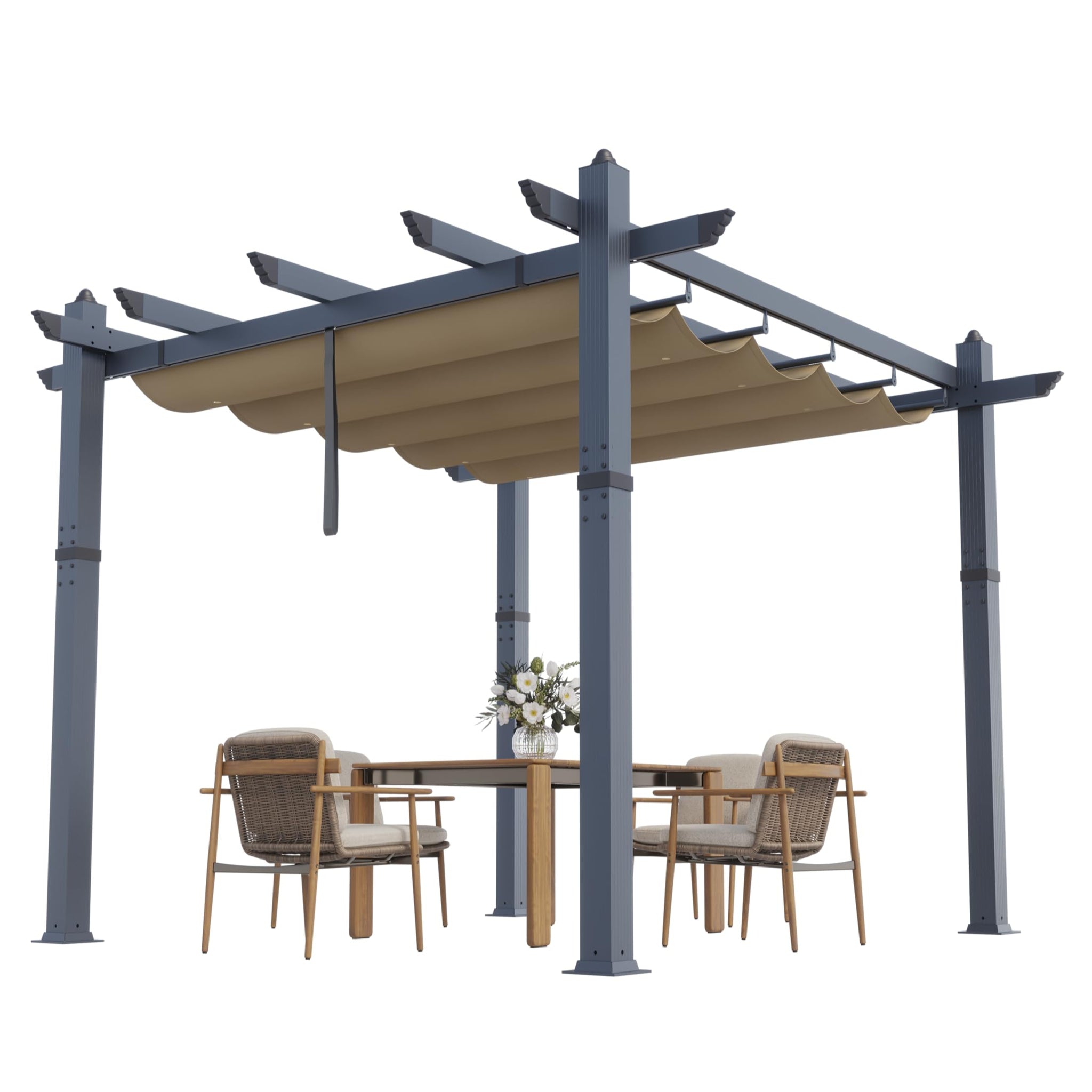 Garvee 10x10 Ft Pergola, Outdoor Metal Pergola with Retractable Canopy, Upgraded Wood-Grain Aluminum Pergola, Modern Pavilion for Backyard, Patio, Porch, Grape Trellis, Khaki