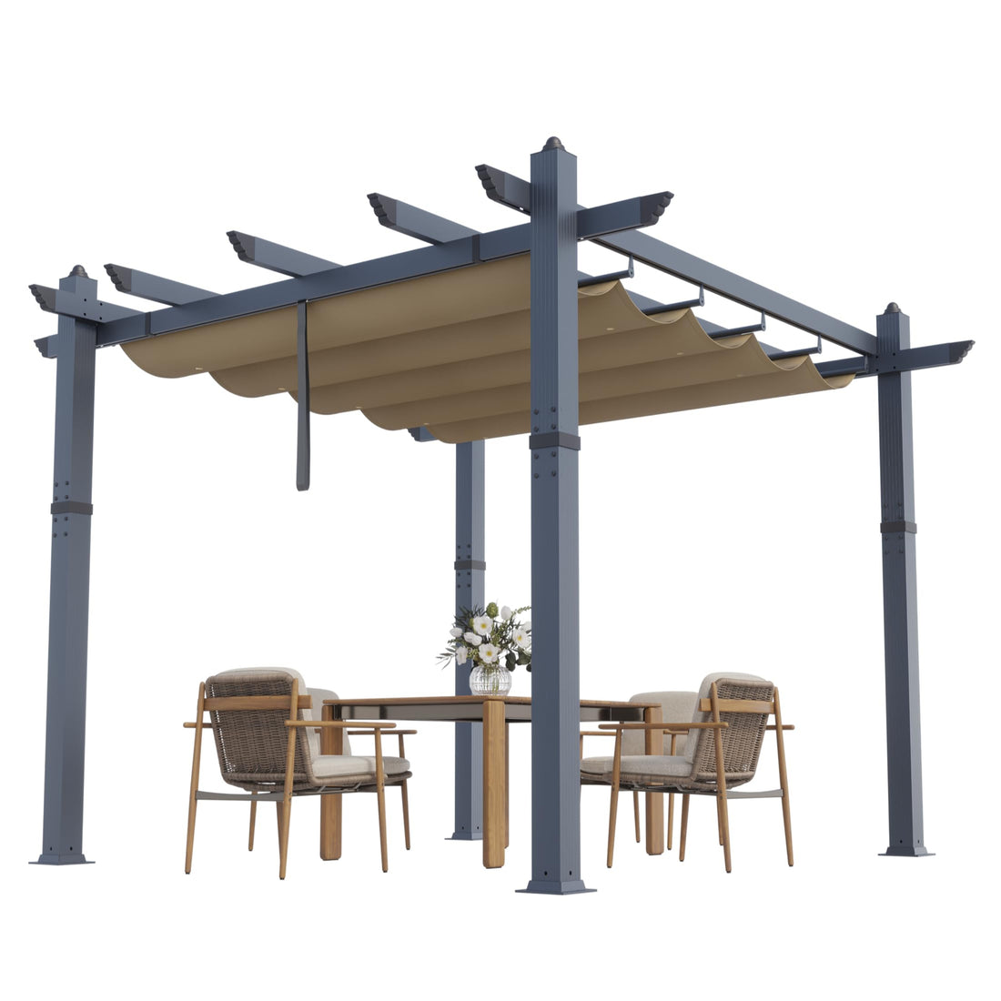 Garvee 10x10 Ft Pergola, Outdoor Metal Pergola with Retractable Canopy, Upgraded Wood-Grain Aluminum Pergola, Modern Pavilion for Backyard, Patio, Porch, Grape Trellis, Khaki