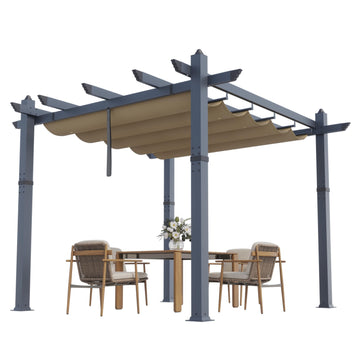 Garvee 10x10 Ft Pergola, Outdoor Metal Pergola with Retractable Canopy, Upgraded Wood-Grain Aluminum Pergola, Modern Pavilion for Backyard, Patio, Porch, Grape Trellis, Khaki
