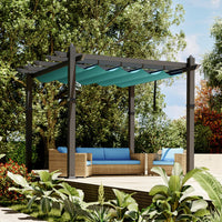 Garvee 10x10 Ft Pergola, Outdoor Metal Pergola with Retractable Canopy, Upgraded Wood-Grain Aluminum Pergola, Modern Pavilion for Backyard, Patio, Porch, Grape Trellis, Blue